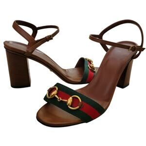Gucci Vintage Horsebit Web Stripe Brown Leather Sandals Block Heels 9.5 39.5